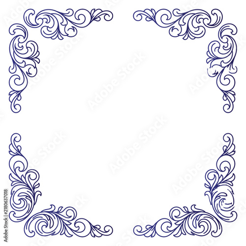 Elegant Navy Blue Floral Corner Flourish Frame Set on a Clean White Background for Sophisticated Wedding Invitations and Vintage Design Projects