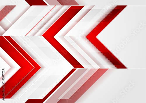 Abstract geometric tech background with layered white and red arrows. Vector concept futuristic graphic design