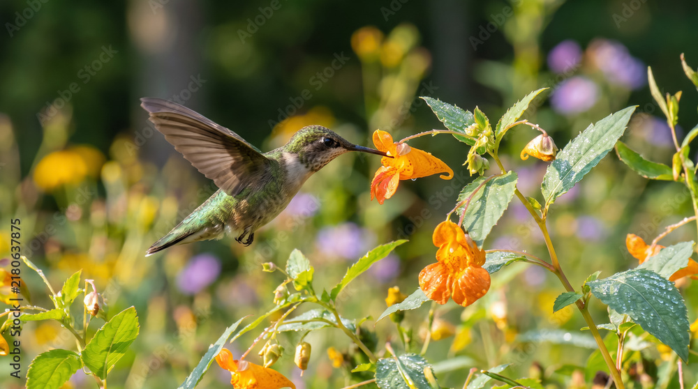 Obraz premium Ruby throated hummingbird hovering and feeding on orange jewelweed flower in summer garden. Concept of wild, flying, flying bird, nectar feeding, wildlife, impatiens capensis, wild bird.