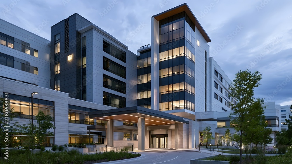 Obraz premium Modern hospital building with glass facade illuminated and landscaped entrance at dusk