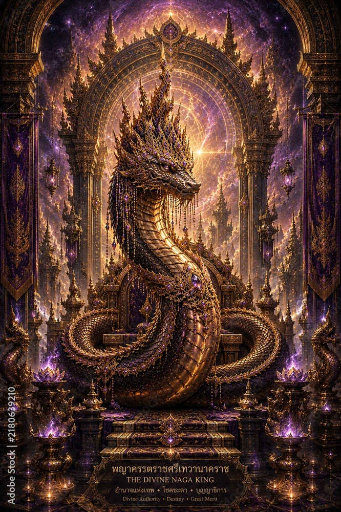 Fototapeta premium Vertical fantasy digital painting of a majestic Naga serpent adorned with intricate gold and amethyst in an ornate temple setting for mystical and cultural storytelling concept
