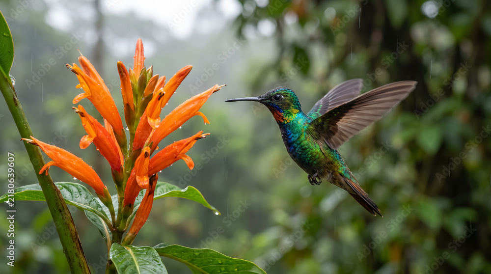 Fototapeta premium Colorful hummingbird flying to feed on orange tropical flower in lush rainforest nature. Concept of hovering, wildlife, exotic bird, green feathers, nectar, costa rica.