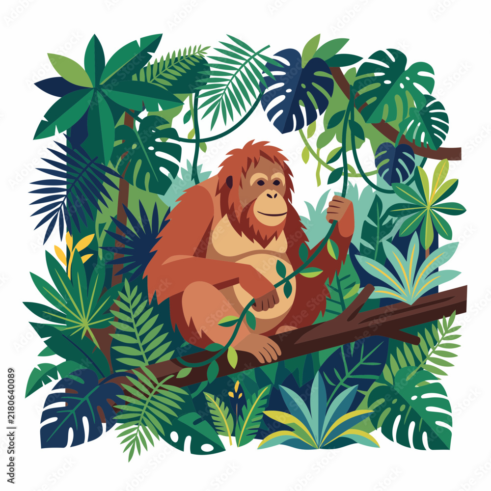 Obraz premium Orangutan in jungle illustration with lush green tropical leaves and branches