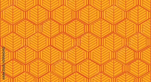 Abstract geometric seamless pattern with stylized leaves inside hexagons, featuring a vibrant orange and yellow color palette.