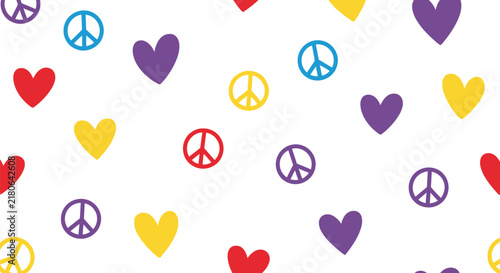 Colorful and playful seamless pattern featuring peace signs and hearts in various hues on a clean white background.