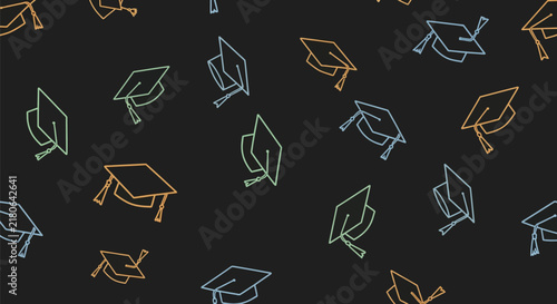 Seamless pattern of graduation caps in pastel colors on dark background academic achievement education concept vector illustration.