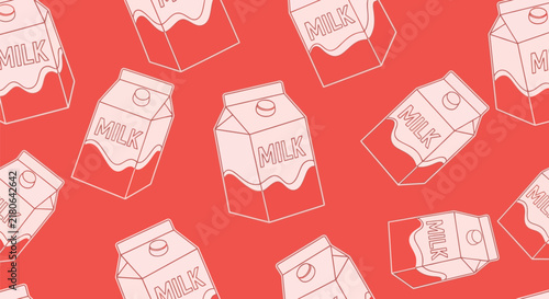 Stylized seamless pattern of milk cartons with outline art on a vibrant red background, depicting dairy and food items.