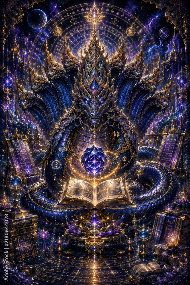 Fototapeta premium Vertical fantasy digital artwork depicting majestic cosmic serpent entwined around glowing mystical book with purple gems and celestial motifs for imaginative sci-fi book covers