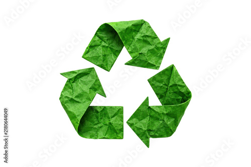 Green recycling symbol made from crumpled paper, isolated on a white background, representing sustainability, waste reduction, environmental conservation, reuse, and circular economy concepts.