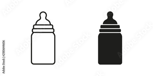Baby bottle outline and solid icon set for infant feeding care.