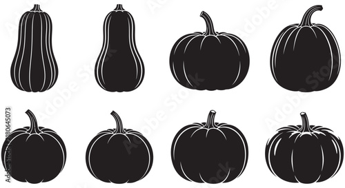 Set of black pumpkin and squash silhouettes for autumn harvest and Halloween design elements