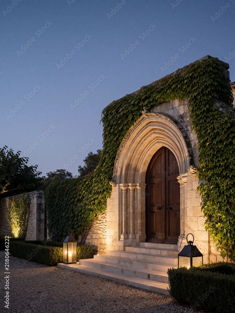 Fototapeta premium Ivy Covered Stone Manor Entrance Illuminated at Dusk