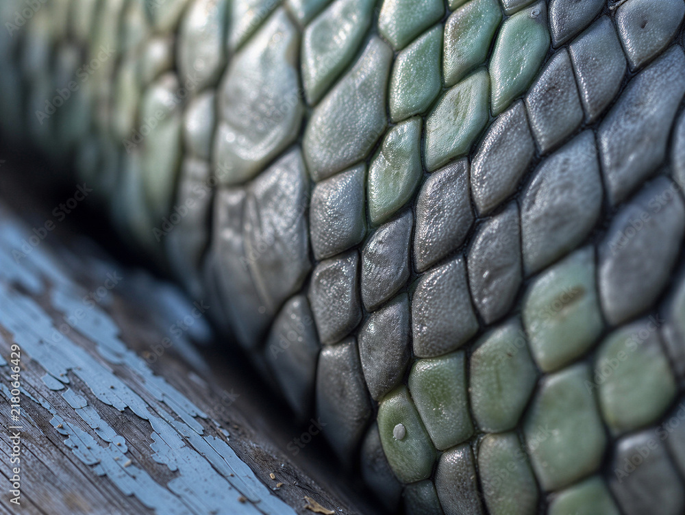 Fototapeta premium Extreme close-up of green iguana scales. Macro texture of reptile skin resting on a weathered wooden park bench with peeling blue paint. Abstract natural background