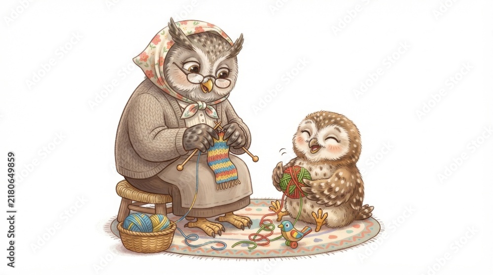 Fototapeta premium Grandmother Owl Knitting With 