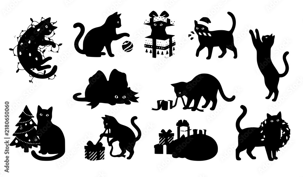 Fototapeta premium Set of Black Cat Silhouettes with Christmas Elements Moon Tree and Gift Boxes Isolated on White Background Vector Illustration