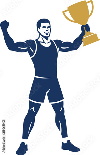 Obraz na plátne Victorious Male Athlete Celebrating Championship Win Holding Gold Trophy Cup alo