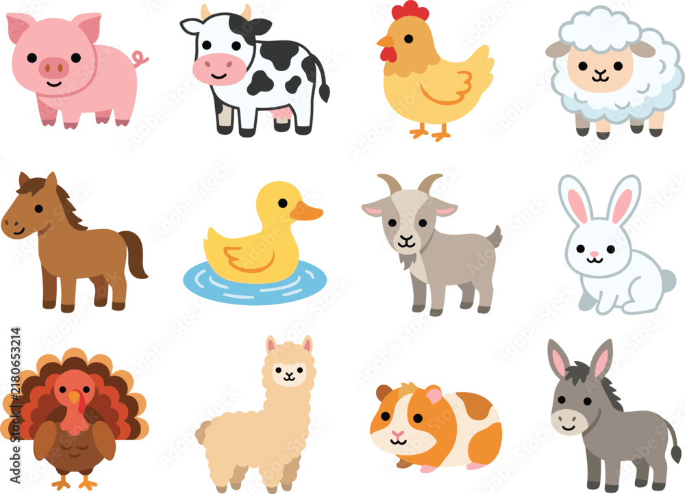 Naklejka premium Farm animal pig cow chicken turkey icons set