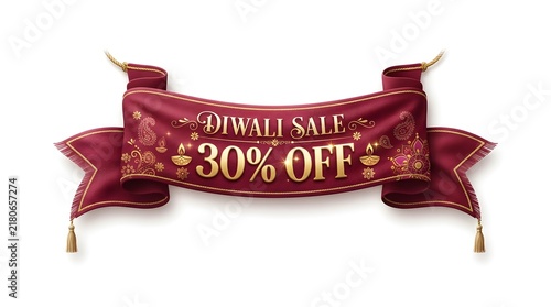 Diwali sale banner with 30 percent off, golden text on a decorative red ribbon isolated on white background