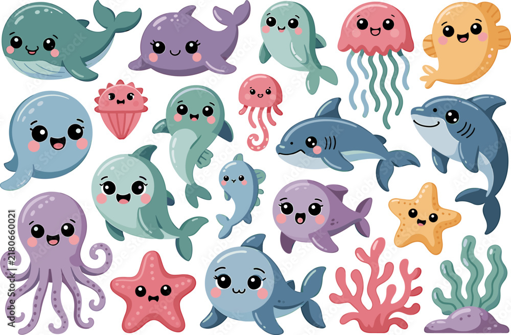 Obraz premium Set of cute sea animals and aquatic creatures in kawaii style featuring whales dolphins jellyfish octopus and starfish.