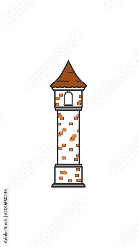 Foto A minimalist flat/line-art vector illustration of a castle tower, featuring a brown conical roof, an arched window, and scattered orange brick patterns along its walls