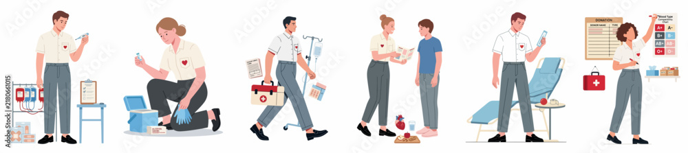 Obraz premium Flat vector illustration set of medical volunteers and healthcare professionals providing aid, blood donation services, and first aid education.