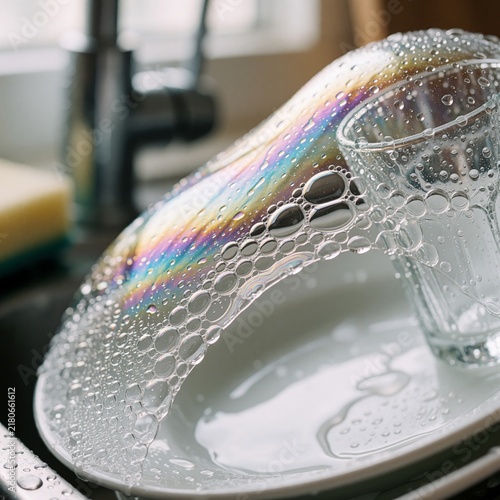 Soap bubbles on freshly washed dishes in kitchen sink