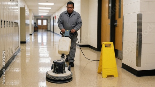Worker polishing school hallway floor with buffer