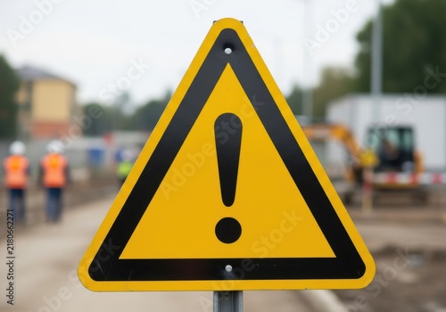 Yellow triangular warning sign with a black exclamation mark symbol, placed at a construction site with blurred workers and heavy machinery background