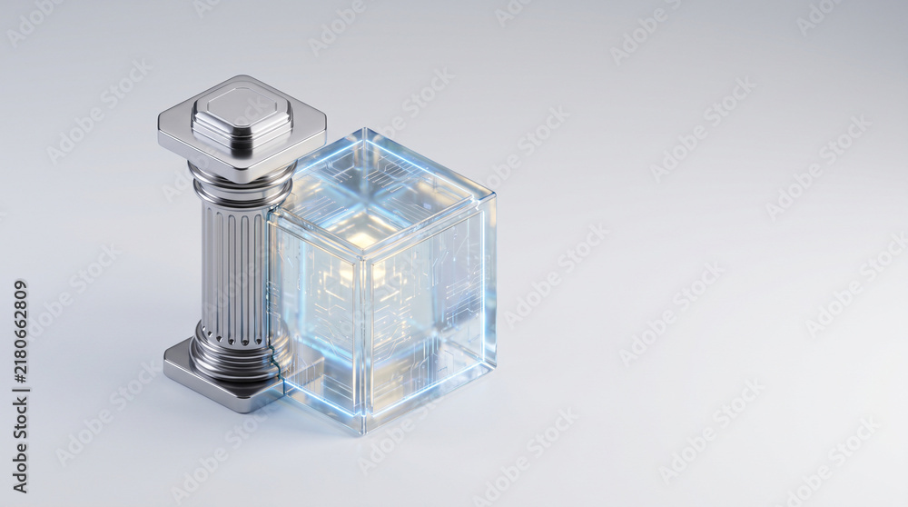 Fototapeta premium Isometric 3D render of metallic architectural pillar encapsulated inside glowing glass digital token cube on light grey background with copy space