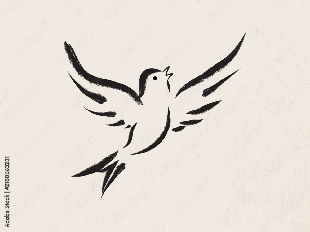 Fototapeta premium Minimalist ink brush bird soaring during sunrise with open wings on textured paper background vector illustration