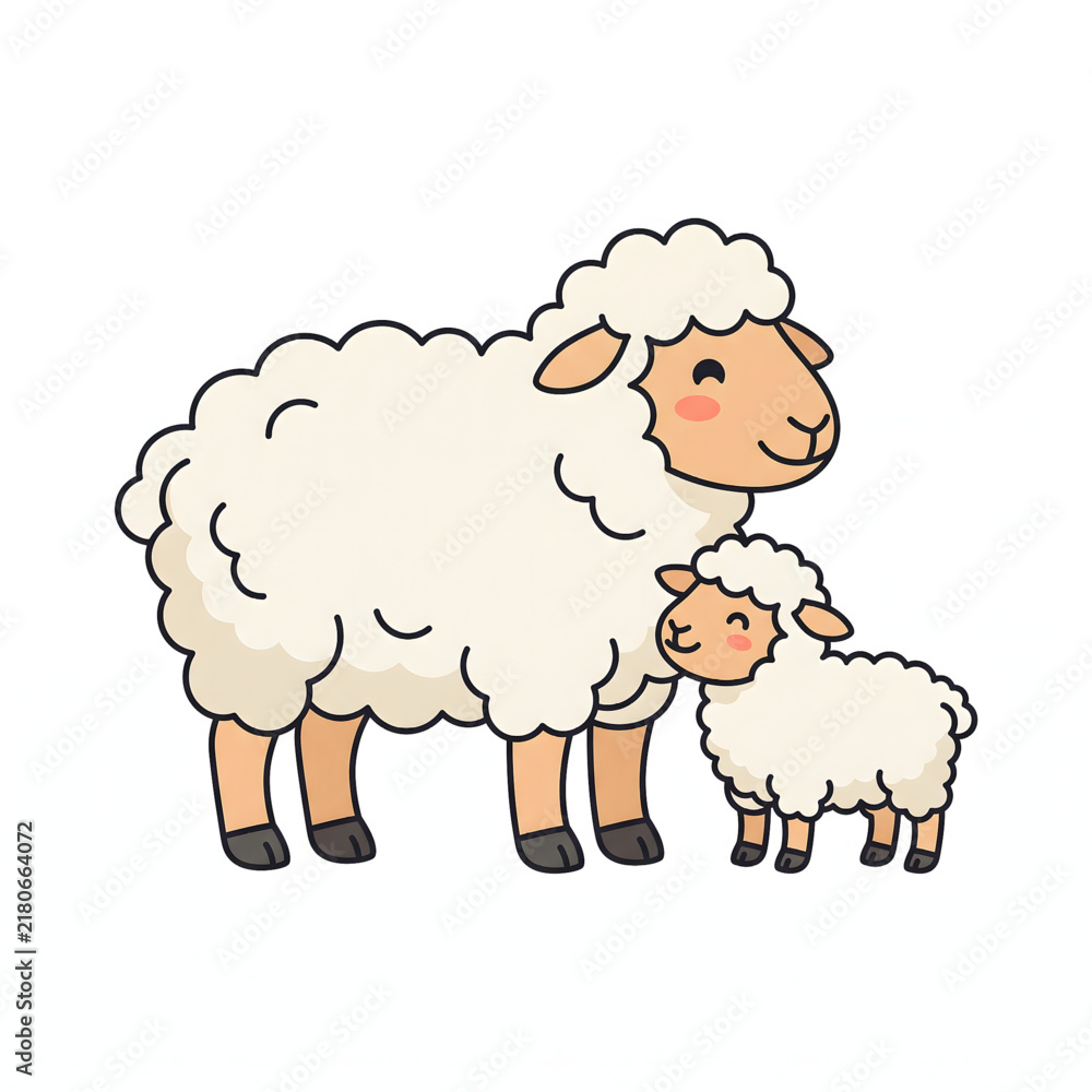 Obraz premium Cute cartoon sheep and baby lamb illustration for children and farm animal design projects.
