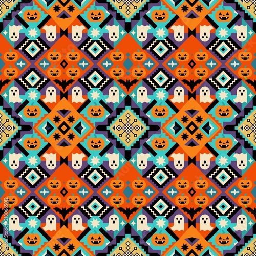 Seamless Geometric Tribal Halloween Pattern with Pumpkins, Ghosts, and Bats