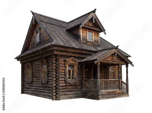 Isolated Traditional Russian Wooden Izba Log House with Ornate Carvings and Porch Photo