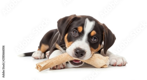 A cute Bernese Mountain Dog puppy lies on its belly and holds a large bone in its mouth. The puppy has black and tan markings, with white paws and a white blaze on its face.