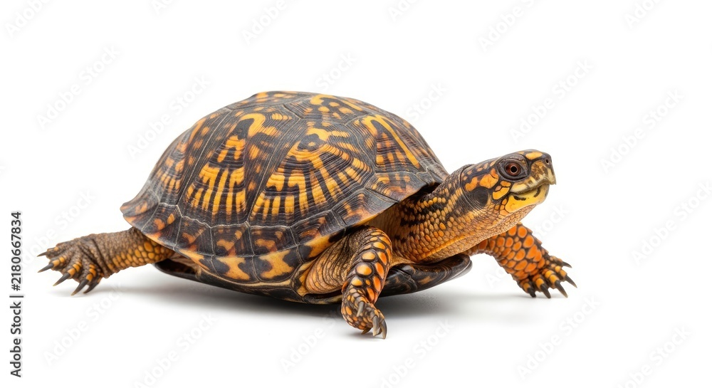 Obraz premium A reddish-brown turtle is walking on a white background. The turtle has a patterned shell with orange and black markings.