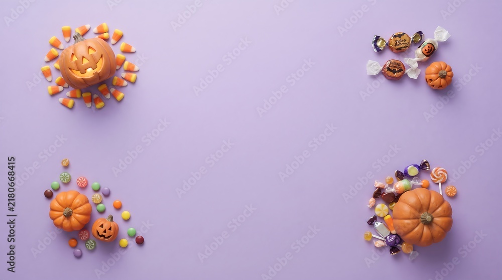 Fototapeta premium Halloween composition with pumpkins, candy corn and assorted candies on a light purple background