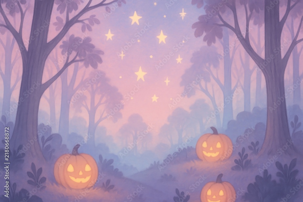 Fototapeta premium Whimsical forest with glowing pumpkins background