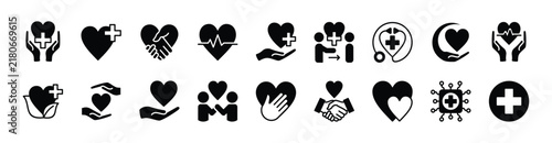 Healthcare icon set. Contains helping hand, care, love, support, charity, donation, medical heart, kindness, volunteer, health service, wellness, doctor, heartbeat, technology. Vector illustration