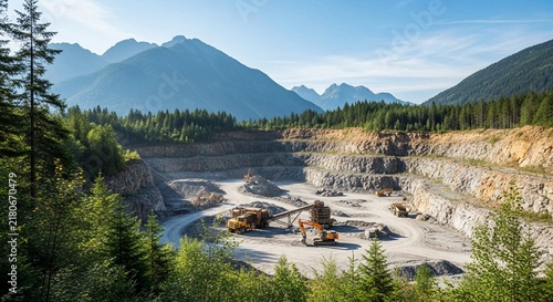 Remote quarry site with heavy machinery operating amidst mountainous, forested terrain under a clear blue sky