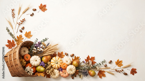Thanksgiving cornucopia harvest border with pumpkins and autumn leaves on white background