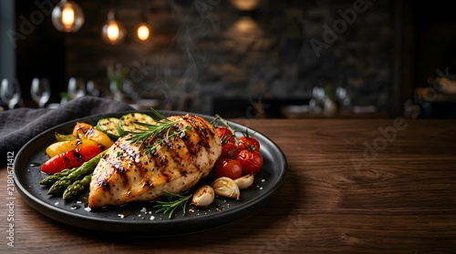 Grilled chicken breast with roasted vegetables on a plate in a restaurant setting