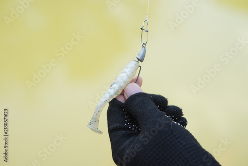 Canvas Print Close-up of a gloved angler holding a soft plastic fishing lure rigged with a hook, swivel and sinker, showcasing fishing tackle and artificial bait against a softly blurred outdoor background