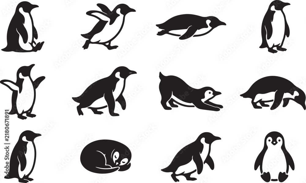 Obraz premium Penguin silhouette vector set, 12 black bird icons in various poses, minimalist arctic animal collection for logo design