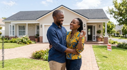 Excited African American couple standing in front of new house holding house key