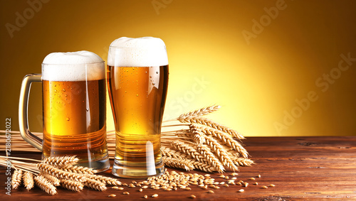 Two glasses of fresh beer with foam and wheat on a wooden table, yellow background. Perfect for brewery advertisements, bar menus, drink packaging, festival posters, beverage blogs, and marketing.