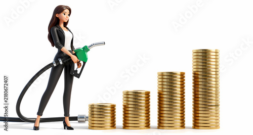 A 3D render of a woman holding a gas pump nozzle next to rising stacks of gold coins representing increasing fuel prices.