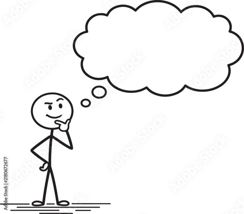 Fotografie Cartoon stick figure character deep in thought with thought bubble illustration