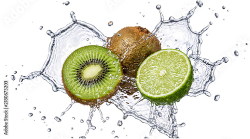 Obraz na płótnie Fresh kiwi and lime splashing in water with dynamic png on isolated transparent