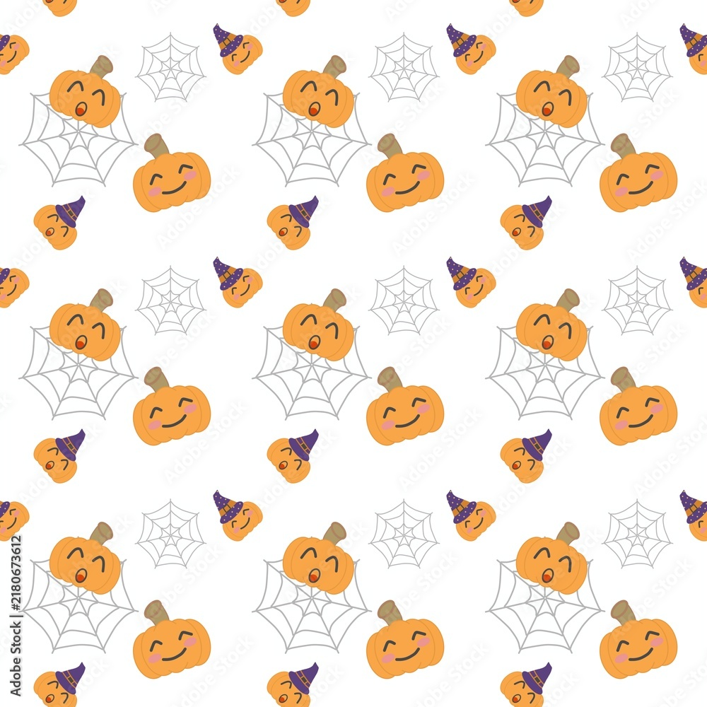 Obraz premium Halloween Seamless Pattern with Jack-o'-Lanterns and Spider Webs