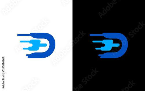 Fast Letter D Tech Cable Logo Design, Blue Speed Vector Illustration